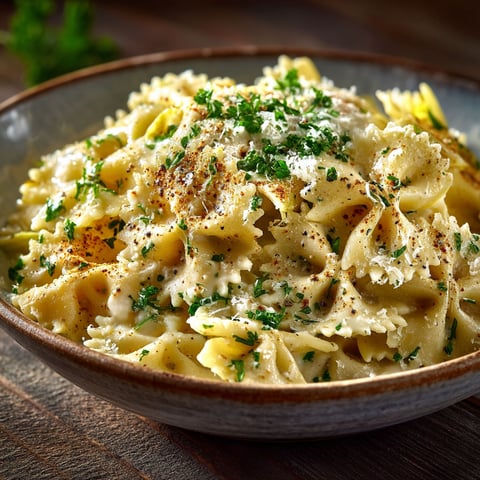 A bowl of pasta with herbs on top.