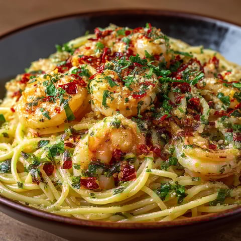 A bowl of spaghetti with shrimp and herbs.