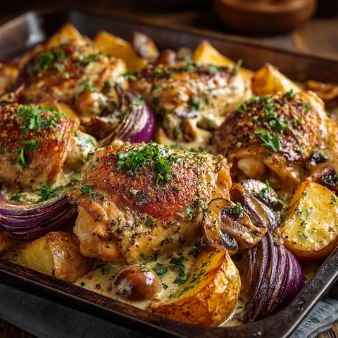 A dish of chicken and mushrooms in a pan.