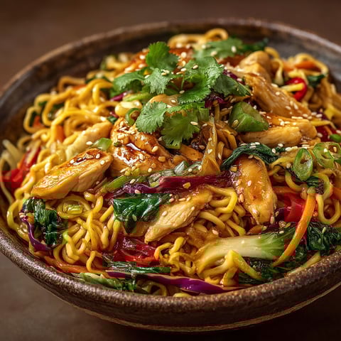 A bowl of noodles with chicken and vegetables.