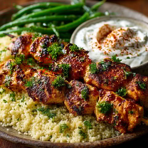 A plate of food with chicken, green beans, and a dip.