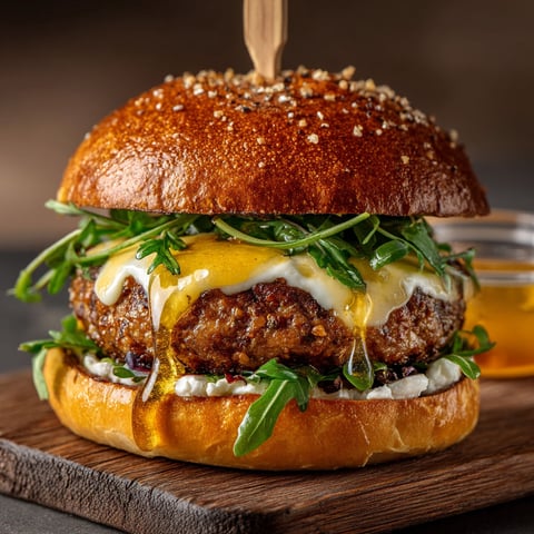 A burger with cheese and honey on top.