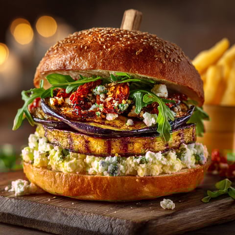 A burger with aubergine, feta and houmous.