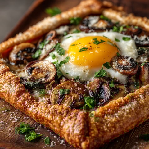 A galette champignons & œuf miroir is on a wooden table.