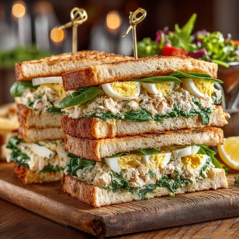Un club sandwich avec thon, épinard et œuf.