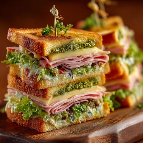 Un club sandwich au pesto est présenté sur une table.