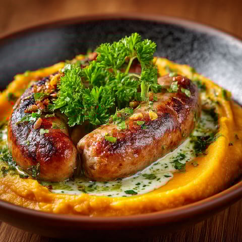 Saucisse et purée de potimarron.