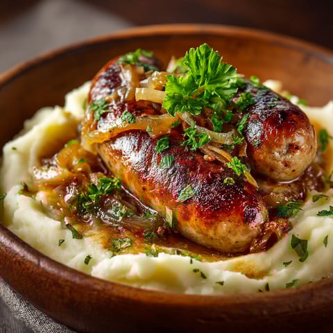 Une saucisse aux oignons est servie dans un bol en bois.