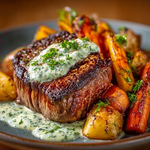 Bœuf grillé avec une crème persillée sur les côtés.