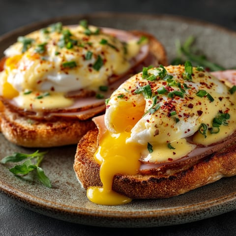 Une image d'œufs bénédicte sur du pain grillé avec du jambon.
