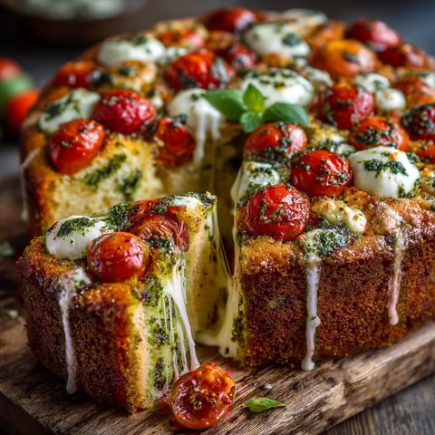 Une tarte aux tomates, mozzarella et pesto, servie sur un plateau de bois.