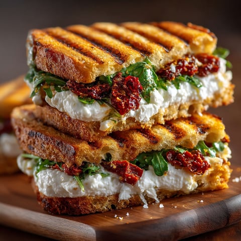 Une sandwich de panini avec des tomates séchées et du burrata.
