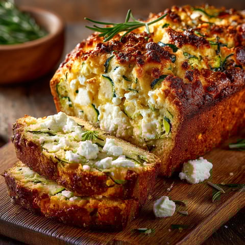 Une portion de cake aux courgettes, chèvre frais et romarin, sur une table de bois.