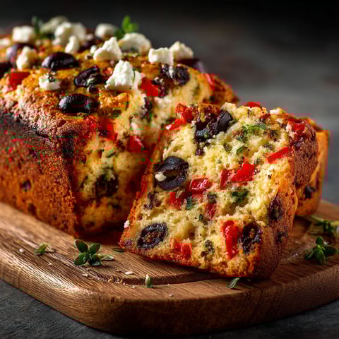 Une portion de gâteau aux poivrons, feta et olives.