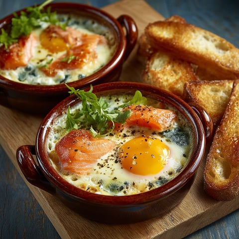 A bowl of eggs with salmon and bread.