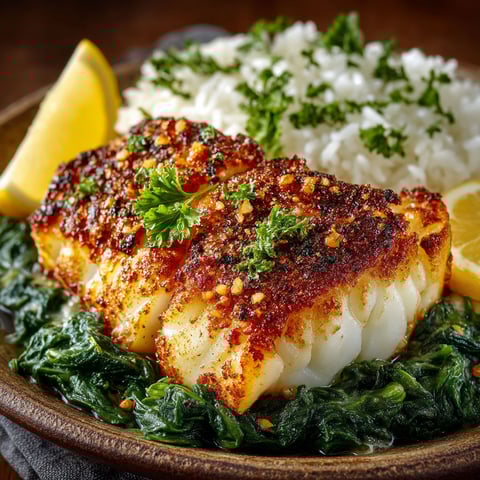 A plate of fish with a lemon wedge on top.