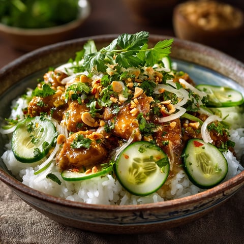 A bowl of food with rice, cucumbers, and meat.