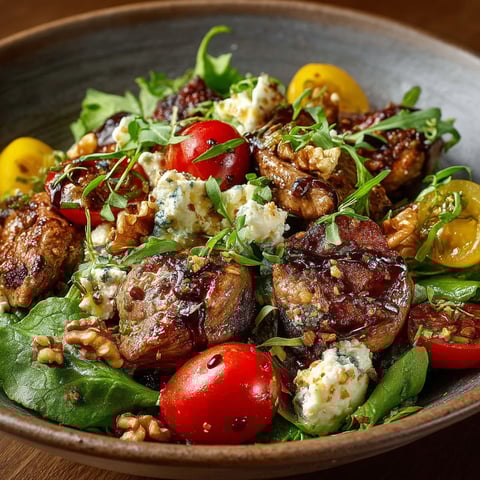 A bowl of salad with tomatoes and blue cheese.