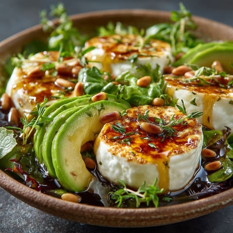 A bowl of food with cheese, avocado, and pine nuts.