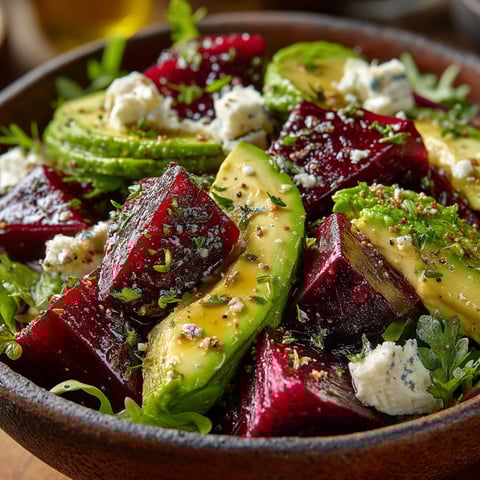 A bowl of salad with avocado, beets, and feta cheese.