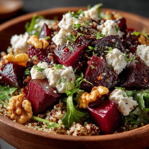 A bowl of salad with beets, cheese, and walnuts.