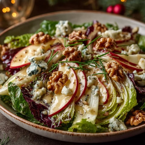 A salad with lettuce, apples, walnuts, and blue cheese.