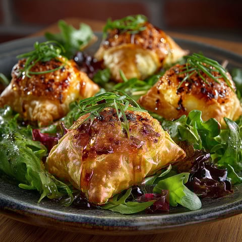A plate of food with a salad and some pastry.