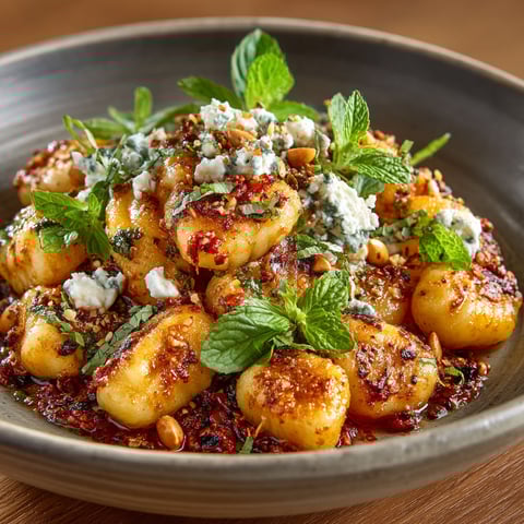 A bowl of gnocchi with pesto, chèvre, and pignons.