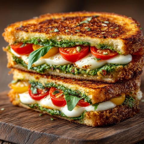 A grilled cheese sandwich with tomatoes and basil.