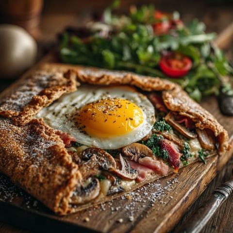 A galette forestière with a fried egg on top.