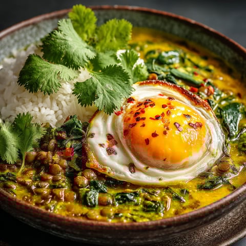 A bowl of food with a fried egg in it.