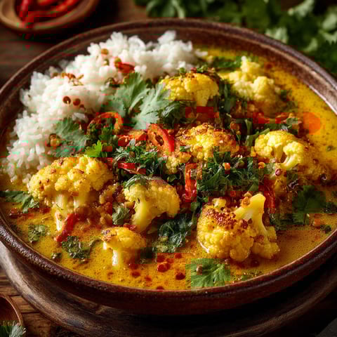A bowl of curry with cauliflower and rice.