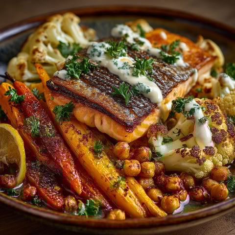 A plate of food with fish and vegetables.