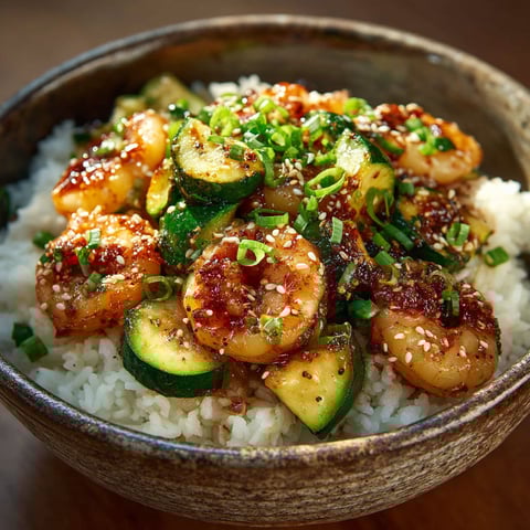 A bowl of rice, shrimp, and zucchini.