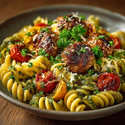 A plate of pasta with meatballs and pesto.