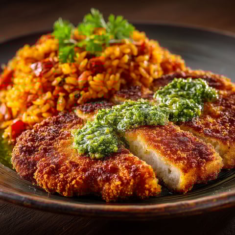 A plate of food with a piece of meat and rice.