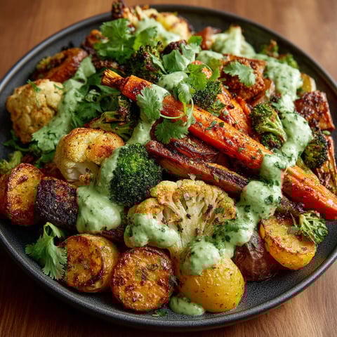A plate of vegetables with tahini sauce.