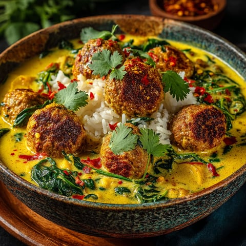A bowl of curry with meatballs and vegetables.