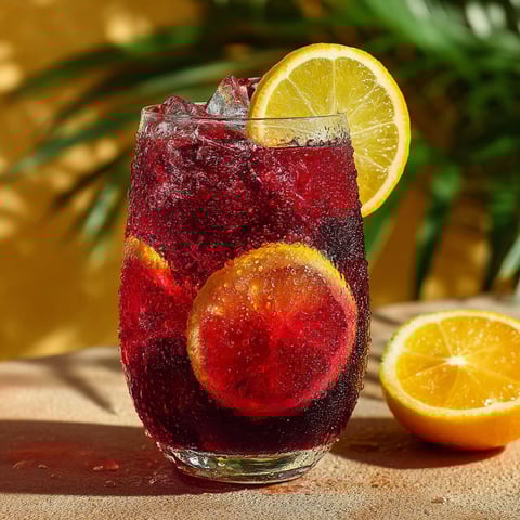 A glass of Tinto de Verano with a slice of lemon.
