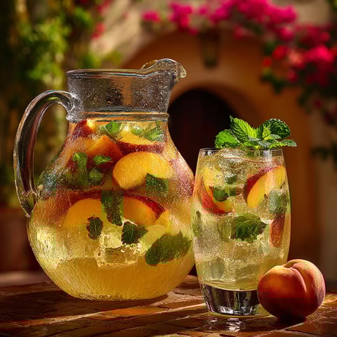 A pitcher of peach sangria and a glass of it.