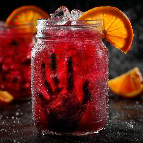 A glass of red liquid with a hand print on it.