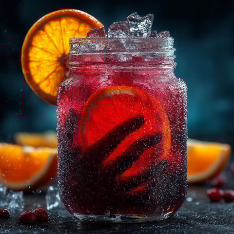 A glass of red liquid with a slice of orange in it.