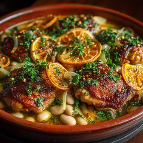 A plate of food with chicken and oranges.