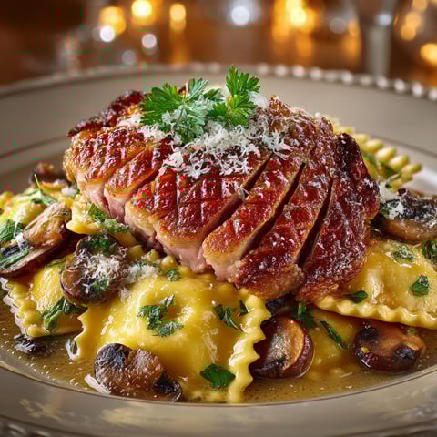 A plate of food with meat and pasta.