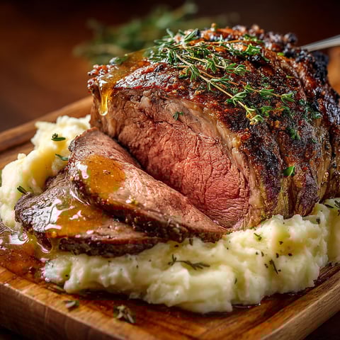 A roast beef dinner with potatoes and herbs.