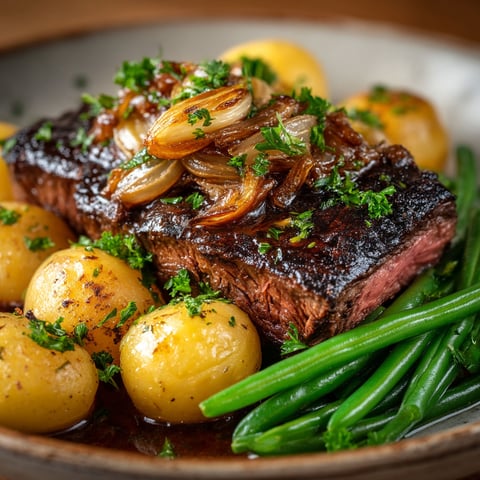 A plate of meat, potatoes and green beans.