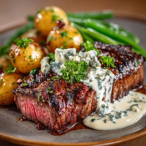 A plate of meat, potatoes and green beans.