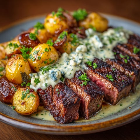 A plate of food with a steak and potatoes.