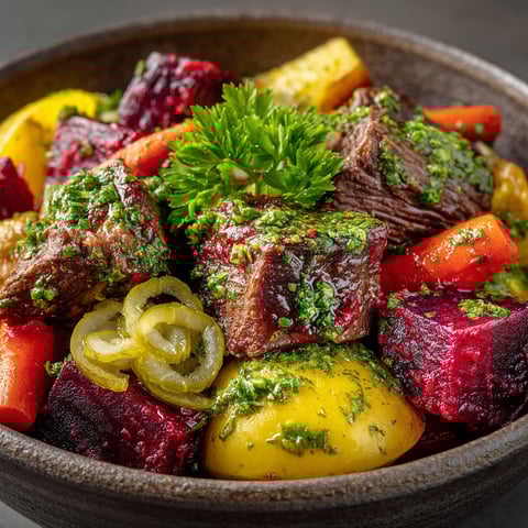 A bowl of meat and vegetables.