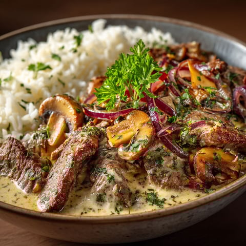 A bowl of meat and rice.